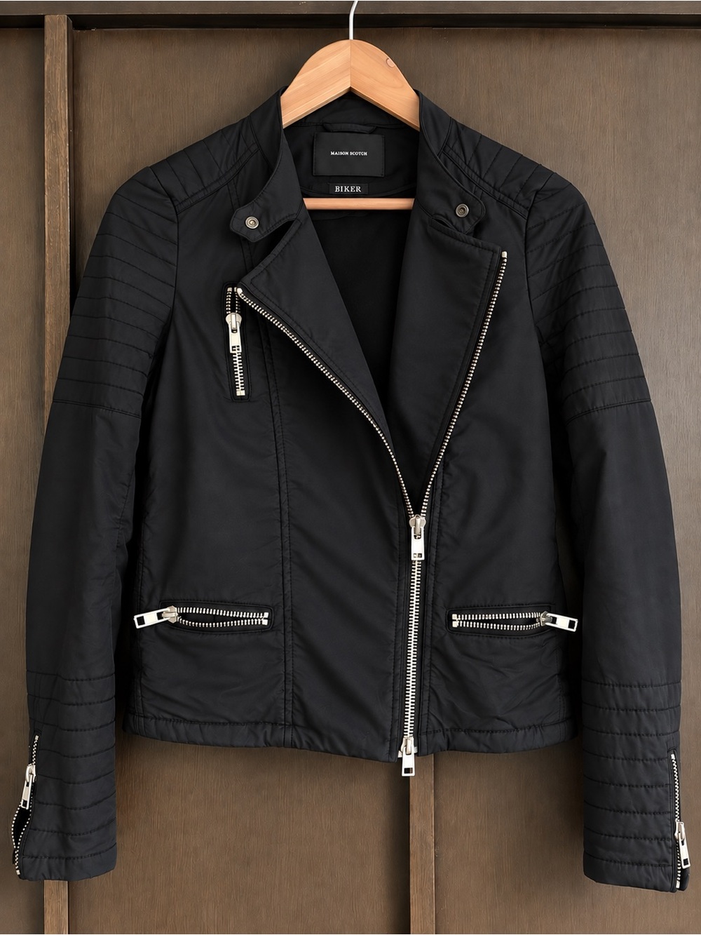 Scotch & Soda Black Quilted-Panel Biker Jacket